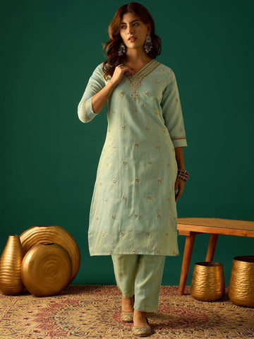Zari-Embroidered Kurta Paired With Solid Trousers And A Tonal Dupatta